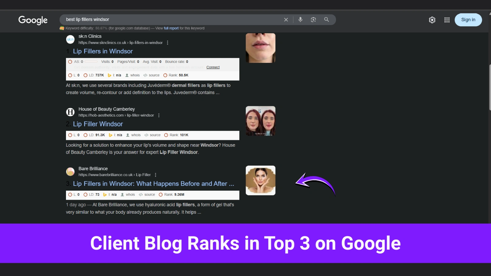 Client blog ranking in top 3 positions on Google search results
