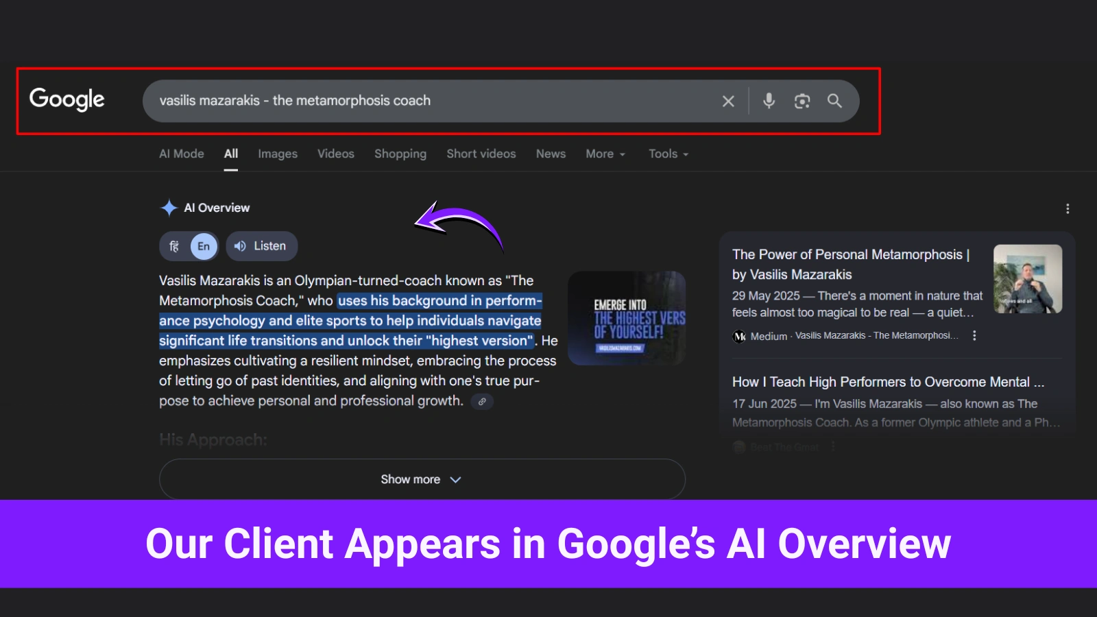 Client website featured in Google AI search result for service keyword