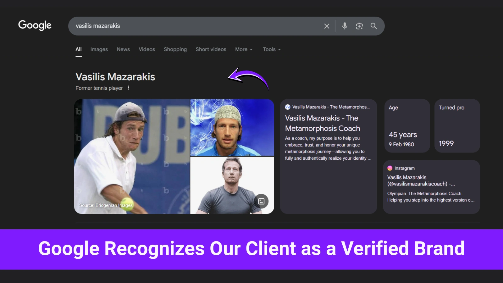 Google Knowledge Panel showing client brand Vasilis Mazarakis The Metamorphosis Coach