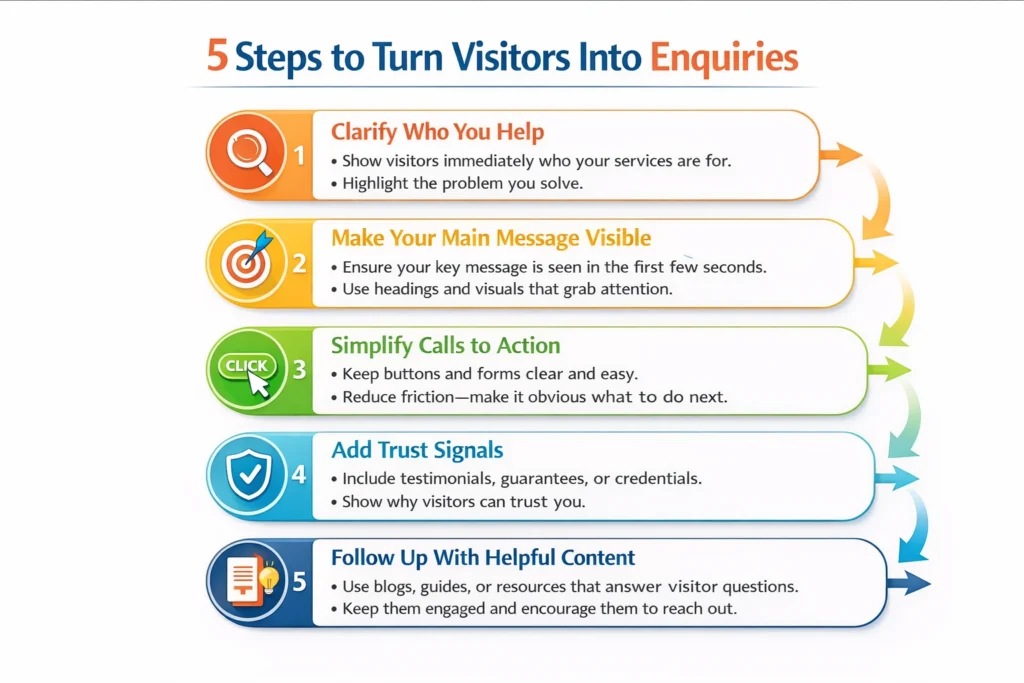 5-step website conversion infographic explaining how to turn visitors into enquiries using clear messaging, CTAs, and trust signals.