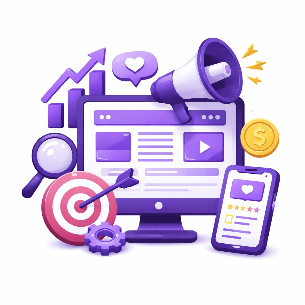 3D digital marketing icon with website, search, target, and mobile elements representing small business online growth