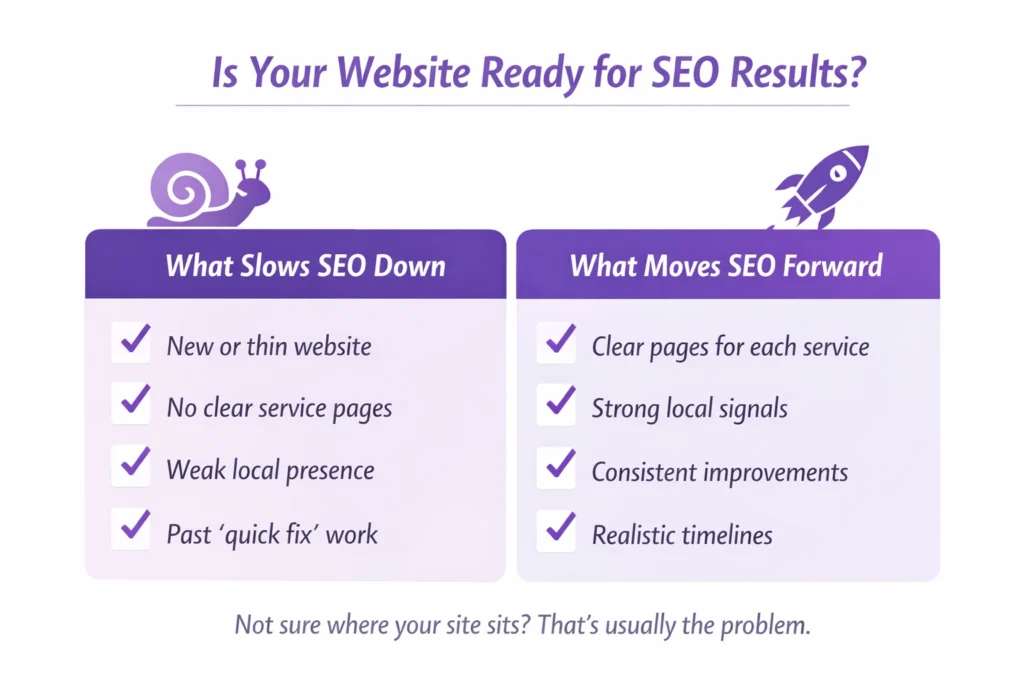 Checklist infographic helping local businesses understand if their website is ready for SEO results and what factors slow or improve rankings.