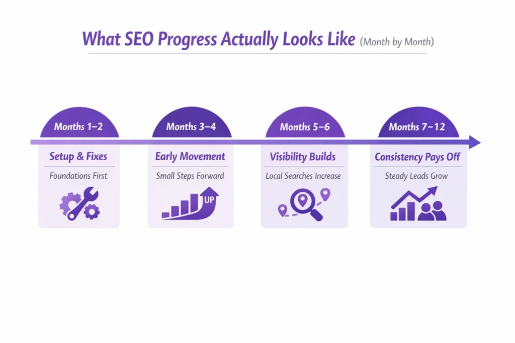 Month by month SEO timeline showing what progress looks like for a small business, from setup and fixes to consistent enquiries over 12 months.