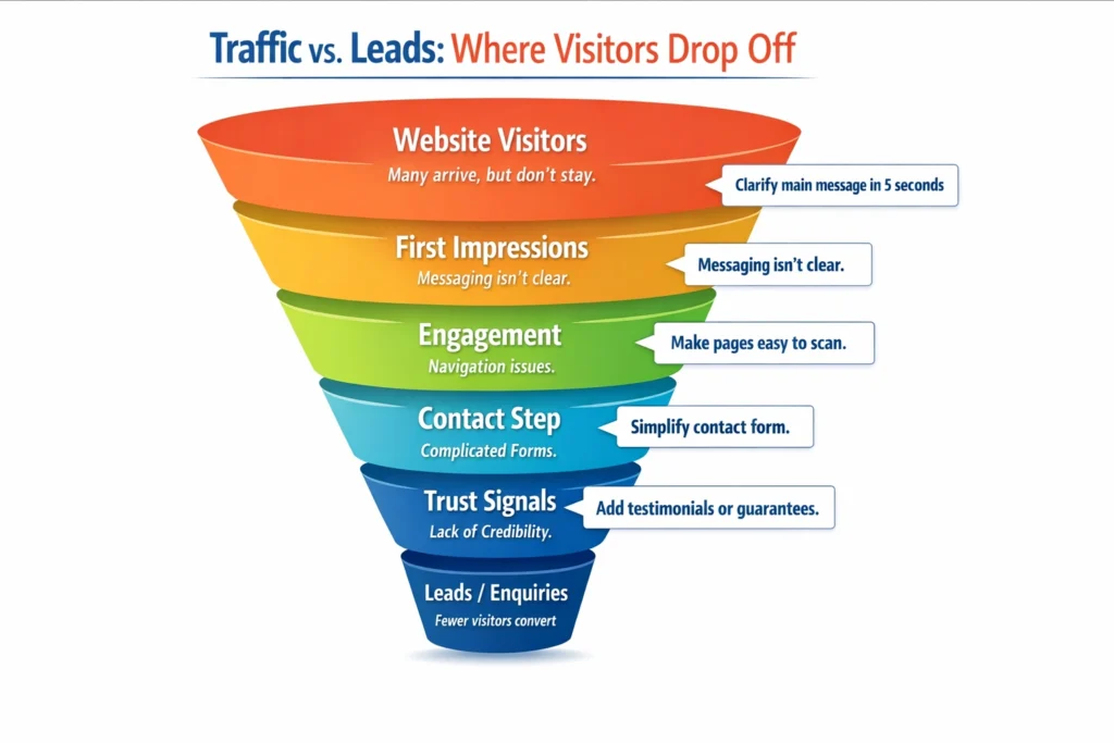 Traffic vs leads funnel infographic showing where website visitors drop off before becoming enquiries and how to improve conversions.