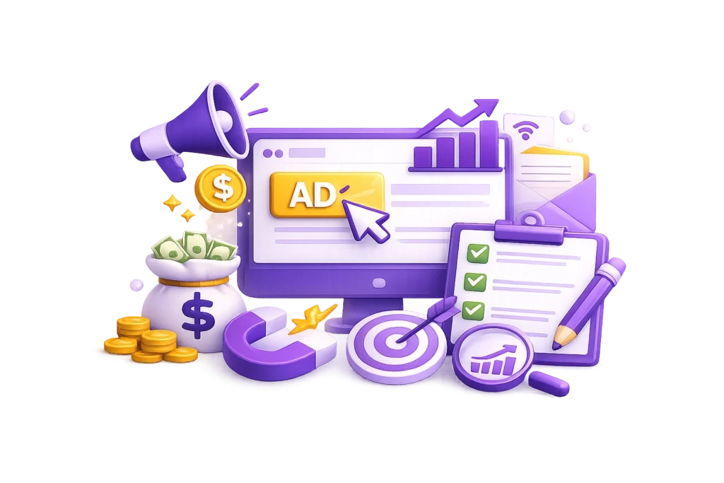 Modern 3D illustration representing PPC advertising strategy with analytics, search growth, and digital marketing performance concept.