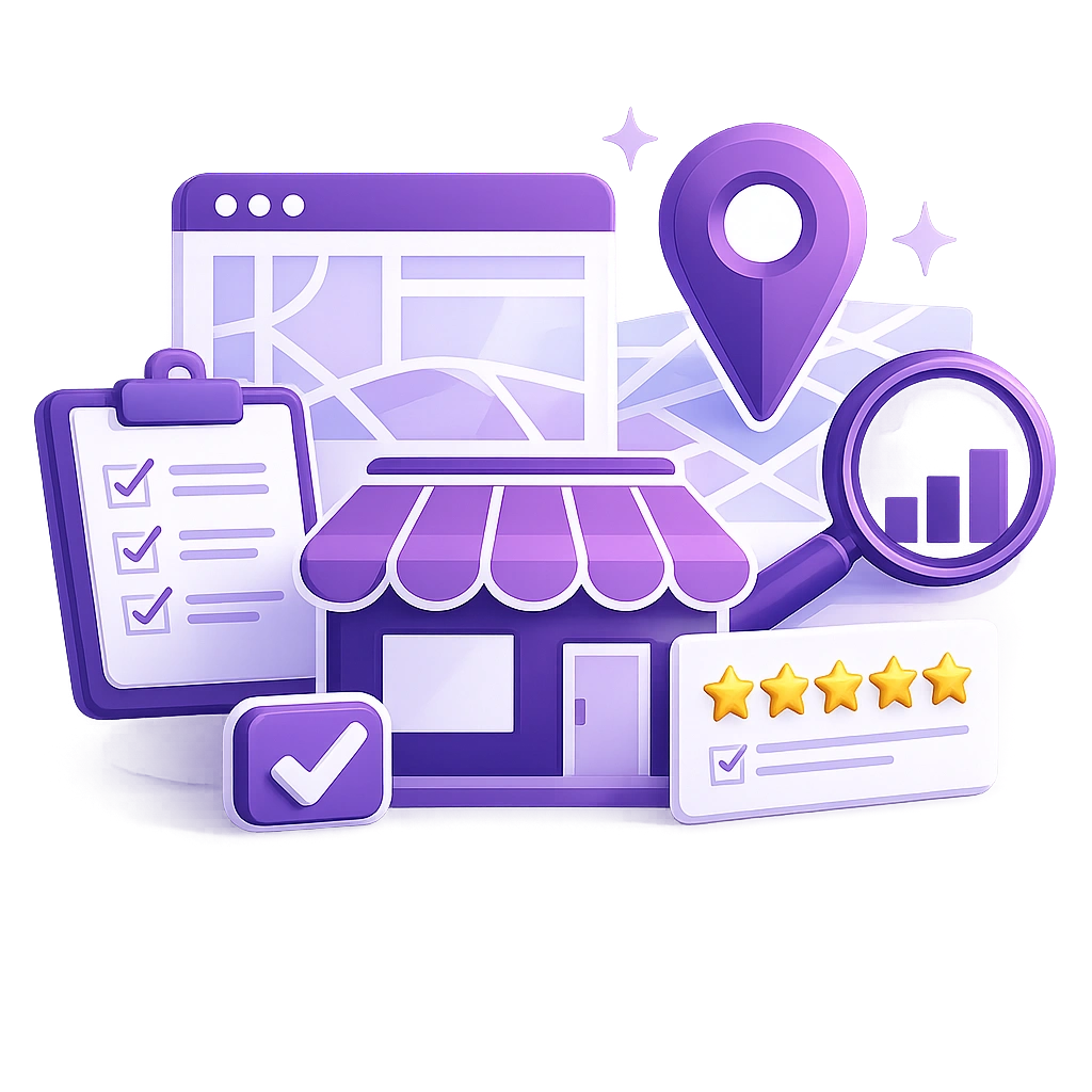 3D icon illustration representing Google Business Profile optimization, local SEO growth, map rankings, customer reviews, and improved visibility in local search results.
