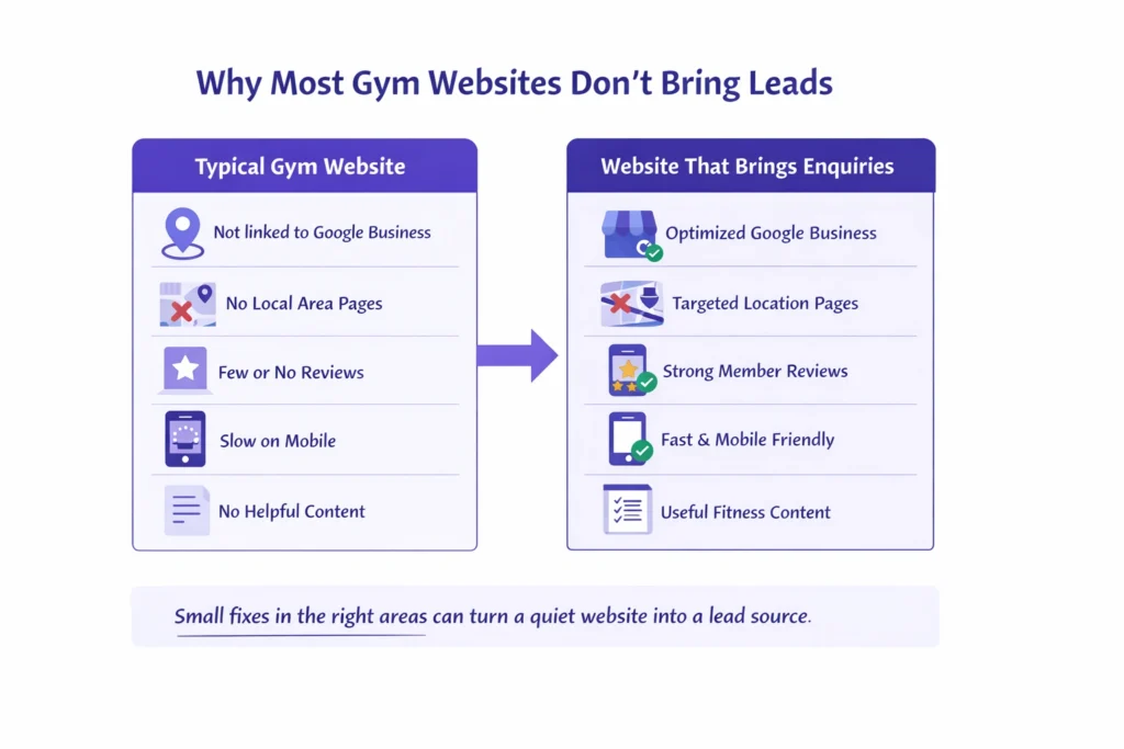 Infographic showing why most gym websites fail to generate leads and how SEO and conversion optimization help gyms attract more members.