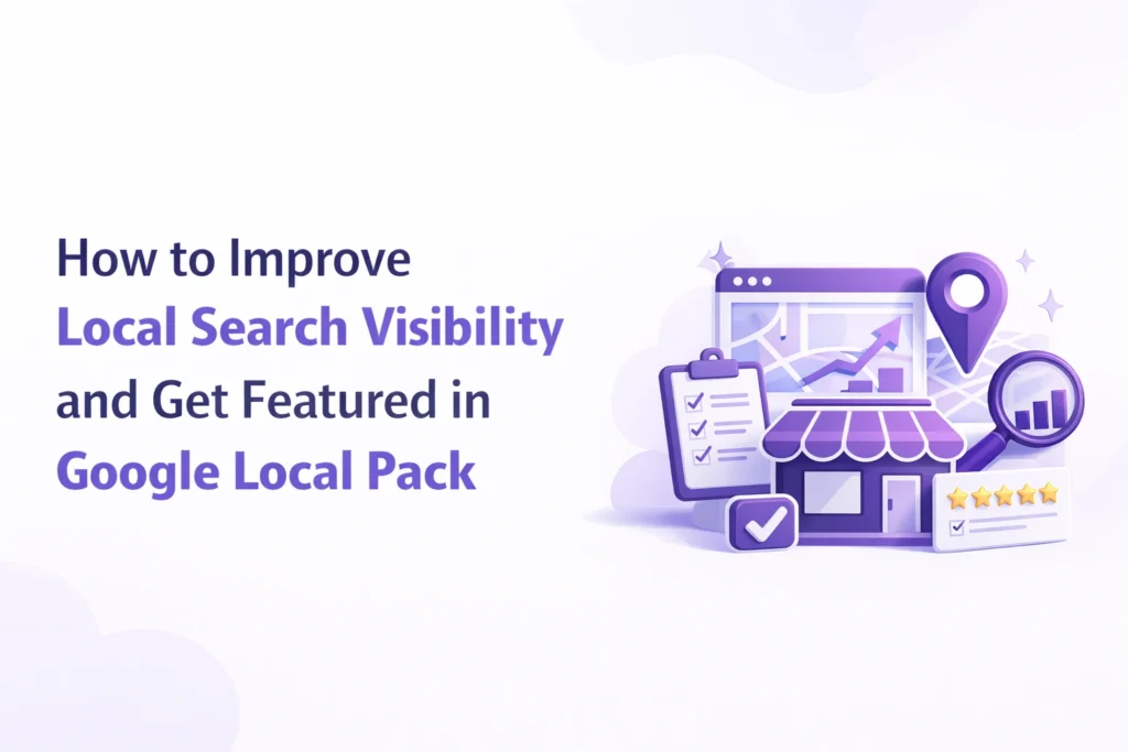 Blog feature image titled “How to Improve Local Search Visibility and Get Featured in Google Local Pack” with modern SEO illustration and digital marketing growth elements.