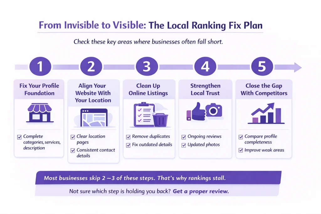 Step-by-step local SEO action plan infographic showing how to improve Google Business Profile optimization, strengthen local ranking signals, and increase visibility in Google local search results.