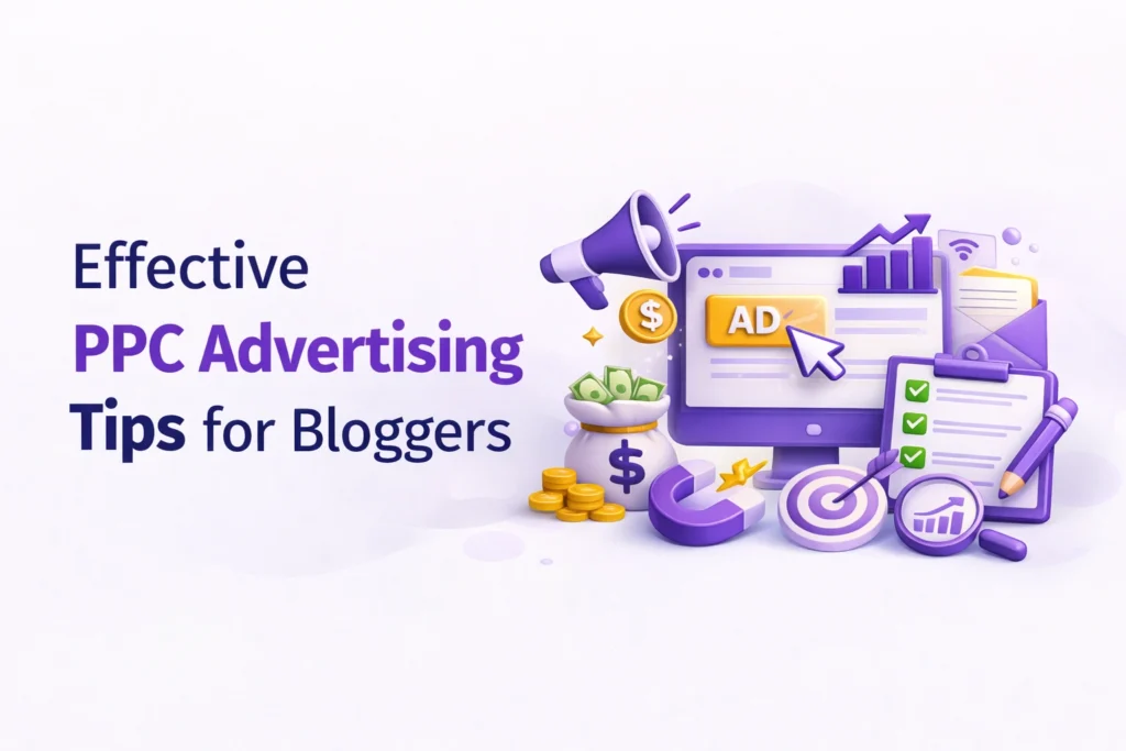 Clean professional blog banner for PPC advertising tips for bloggers featuring modern SEO and digital marketing growth concept.