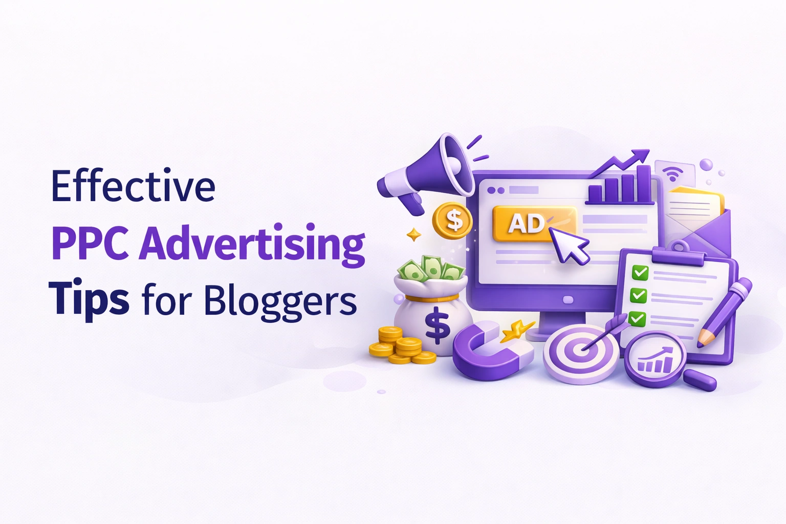 Clean professional blog banner for PPC advertising tips for bloggers featuring modern SEO and digital marketing growth concept.