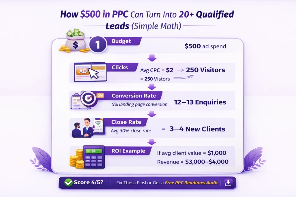 Infographic showing a 5-point PPC lead readiness checklist to help bloggers and small businesses optimize landing pages before running paid ads.