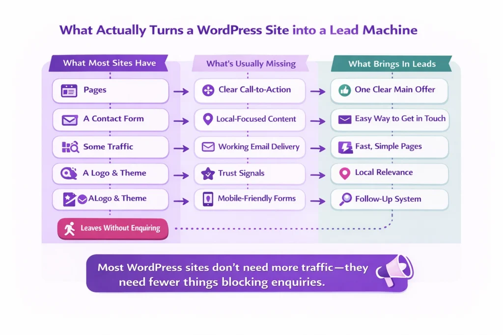 Infographic explaining what helps a WordPress website turn visitors into leads