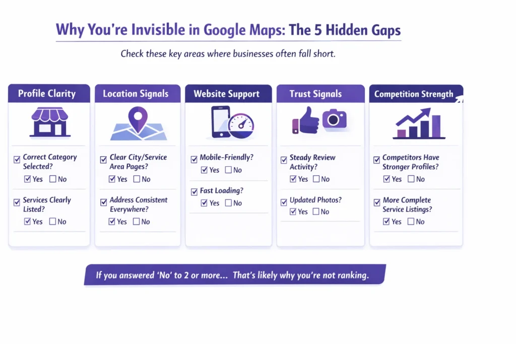 Infographic explaining why small businesses are not ranking in Google local pack results, highlighting Google Business Profile issues, inconsistent citations, weak local signals, and missing on-page local SEO factors.