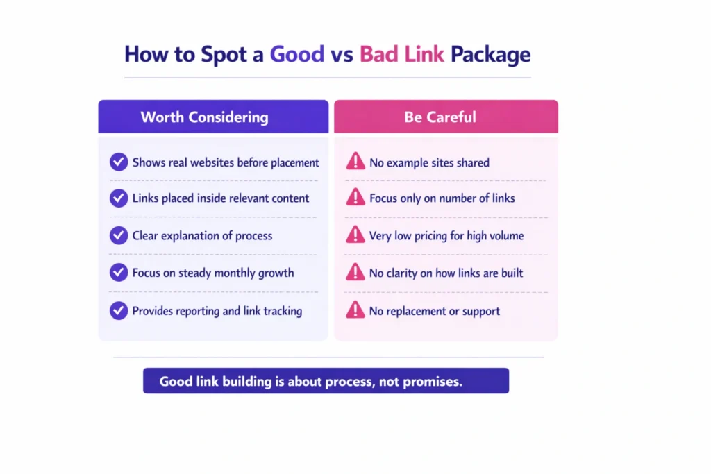 Comparison of good vs bad link building packages showing warning signs, quality signals, and what to look for in affordable link building services