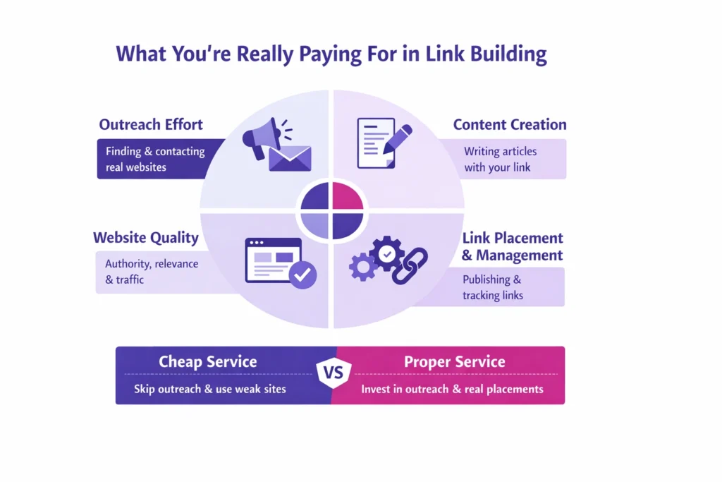 Cheap link building packages cost breakdown showing outreach, content creation, website quality, and link placement differences between cheap and proper services