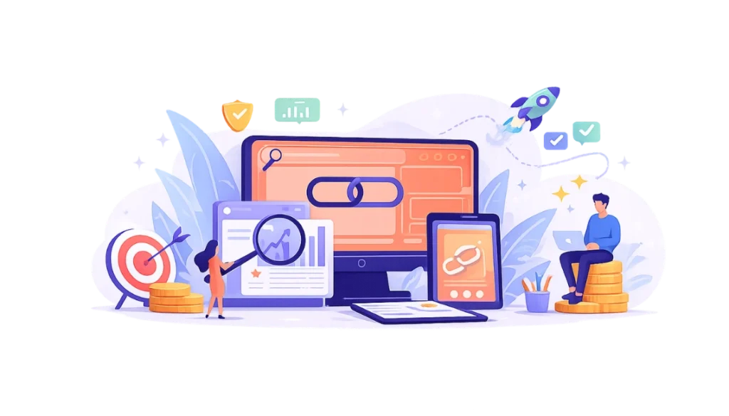 Affordable link building packages illustration showing SEO backlinks, website growth, and organic ranking improvement