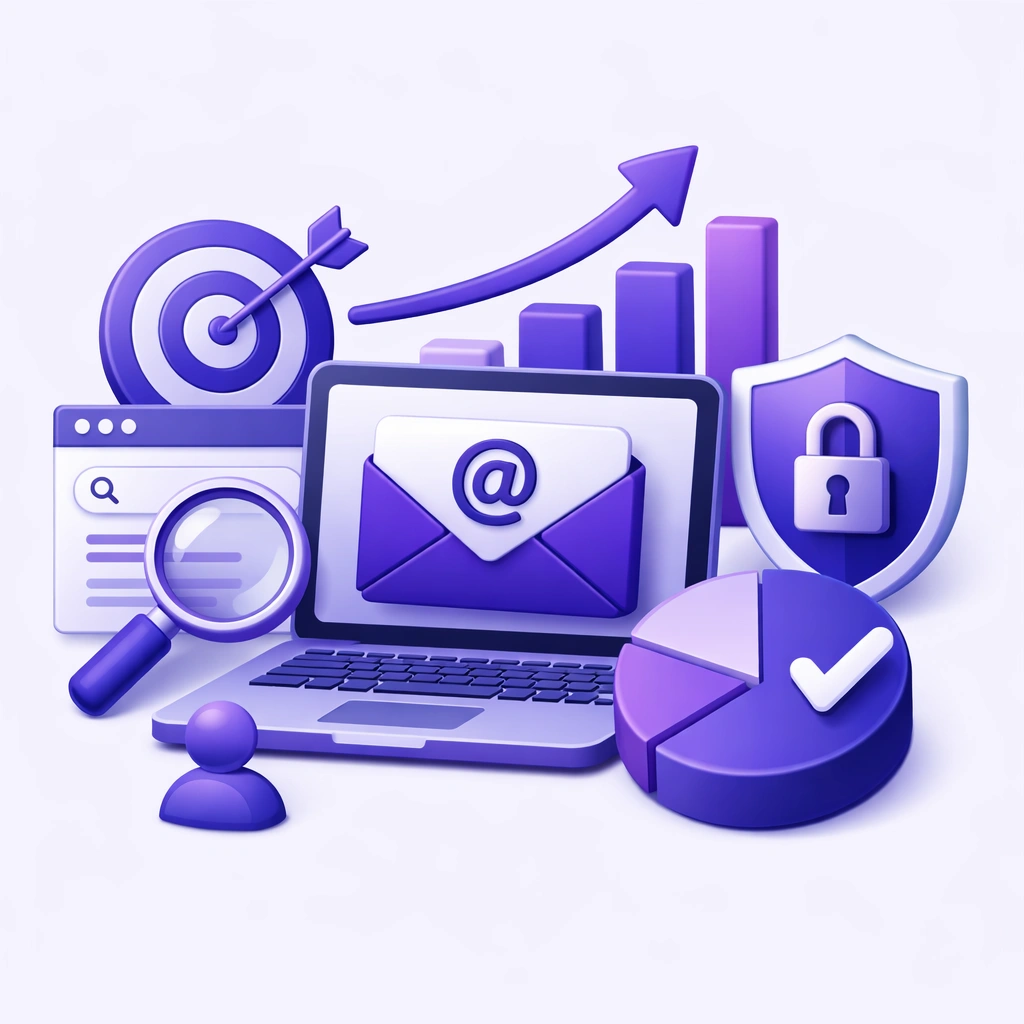 3D illustration of business email, SEO growth, and website trust for startups