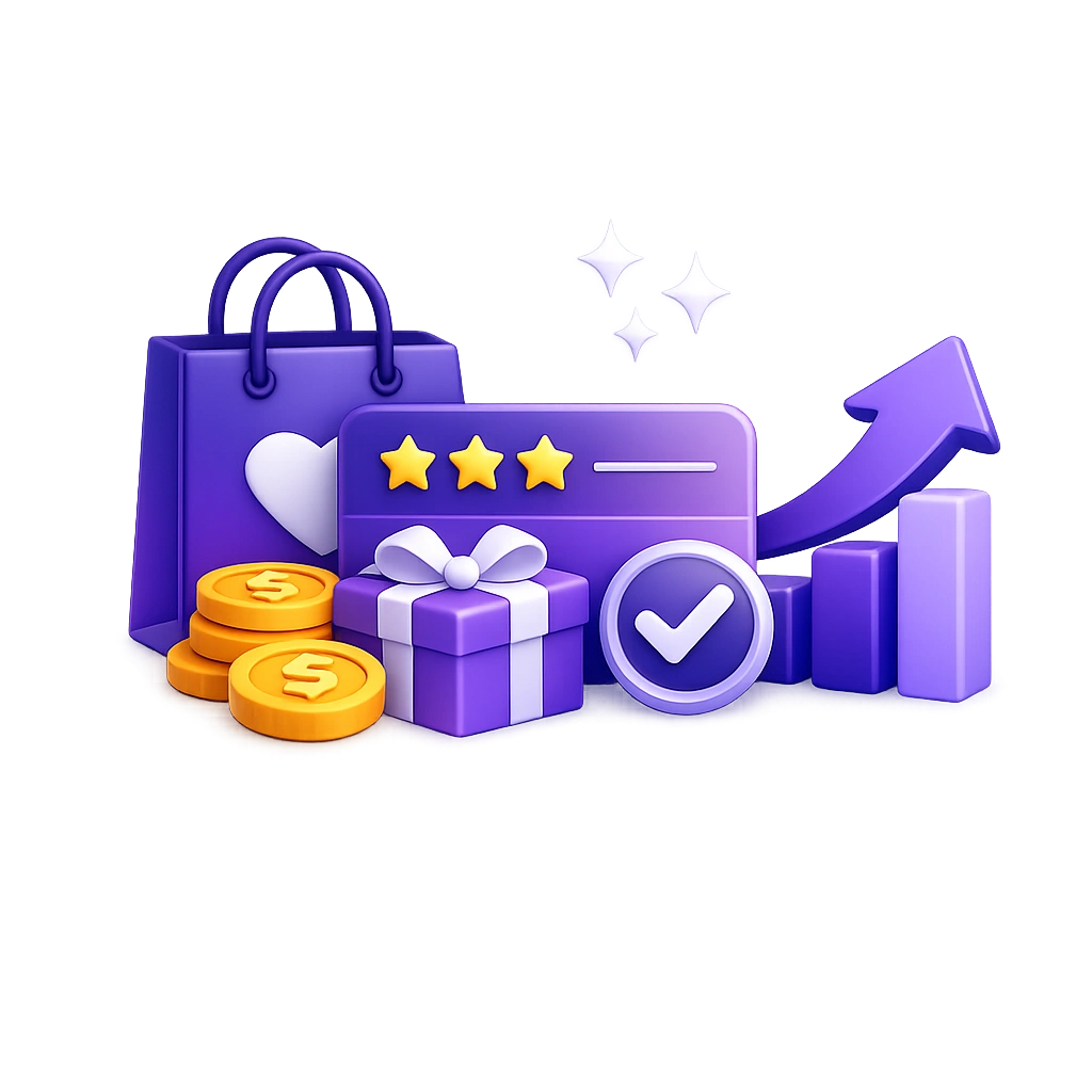 3D illustration of customer loyalty strategy with rewards, growth chart, and engagement elements for small business marketing