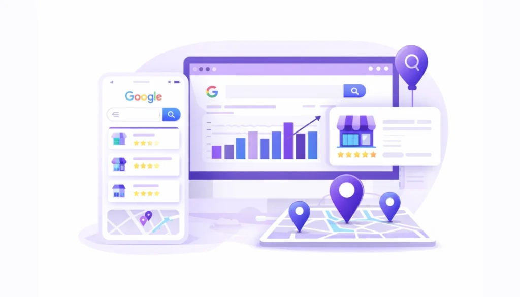 Local SEO services illustration showing Google Maps ranking, local search visibility, and business profile optimisation