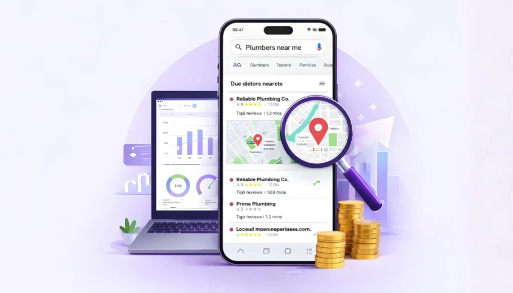 Local SEO services illustration showing Google Maps search results and business ranking growth.