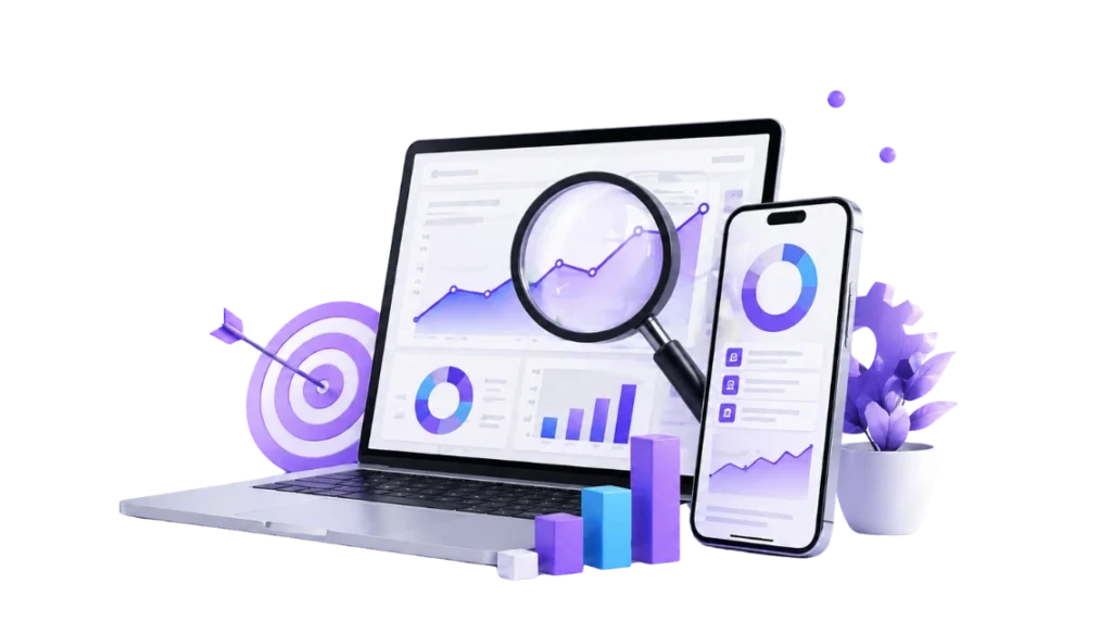 AI SEO services illustration showing website rankings, analytics dashboard, mobile search visibility, and growth optimization for modern search platforms.