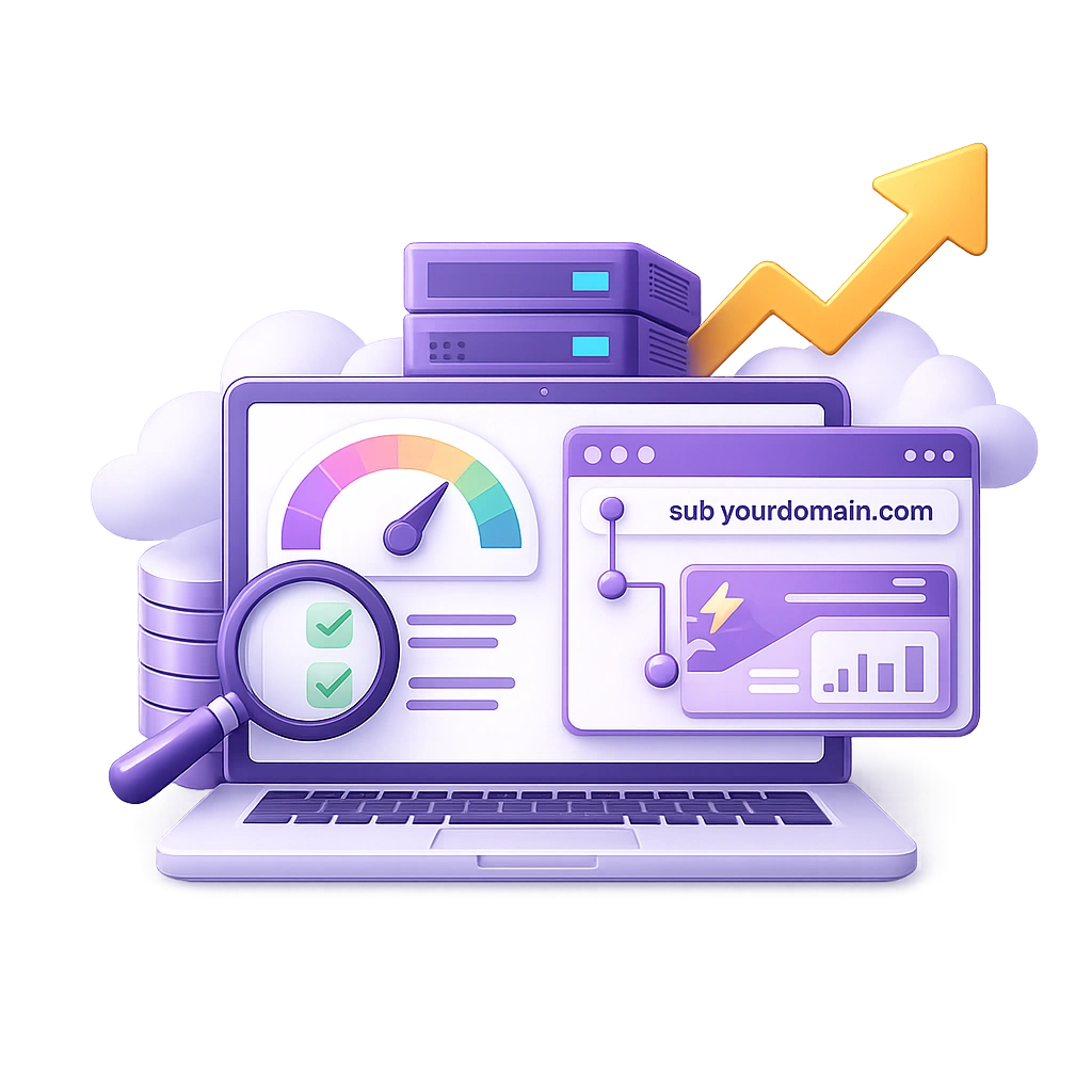 3D icon showing subdomain setup for landing page performance, highlighting faster speed, improved SEO, and better campaign conversions