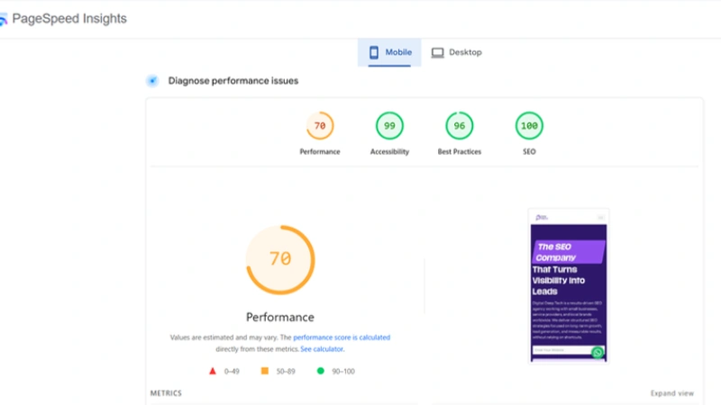 Google PageSpeed Insights report showing website speed performance and loading time analysis