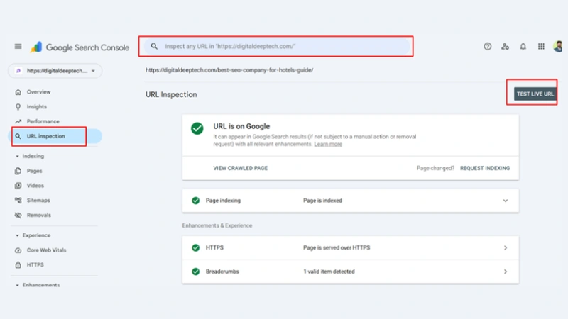 Google Search Console URL inspection tool showing website indexing status and crawl results