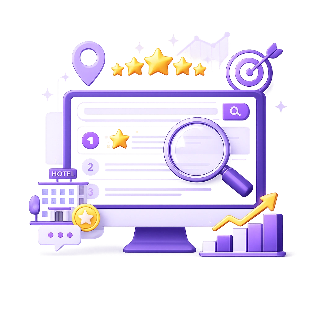 3D illustration of hotel SEO agency concept with search optimization, rankings, and booking growth