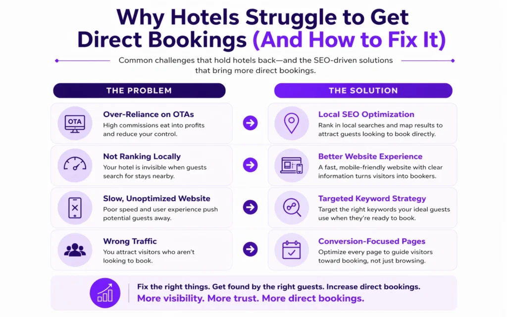Hotel SEO strategy infographic showing problems like OTA reliance and solutions to increase direct bookings