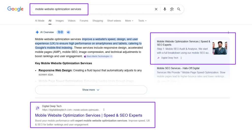 SEO Result showing website ranking in Google search and appearing in AI search results for mobile website optimization services