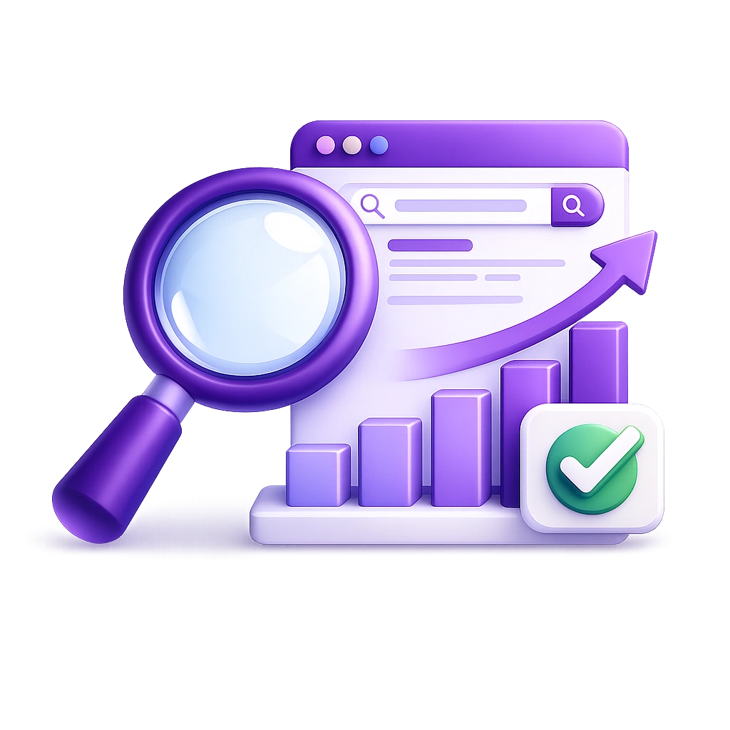 3D SEO icon showing website visibility growth with search, ranking improvement, and Google indexing concept