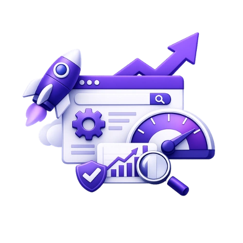 3D illustration showing Website Speed and SEO performance optimization for faster Google rankings and better user experience.