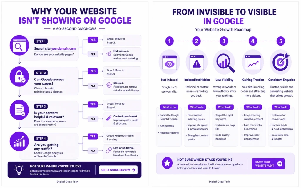 Step by step website growth roadmap showing how to move from not indexed to ranking on Google and generating consistent enquiries