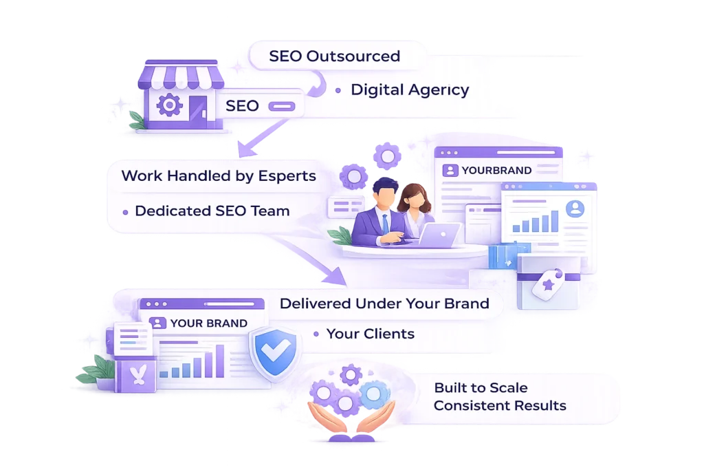 white label SEO services infographic showing outsourced SEO fulfillment process for agencies under your brand