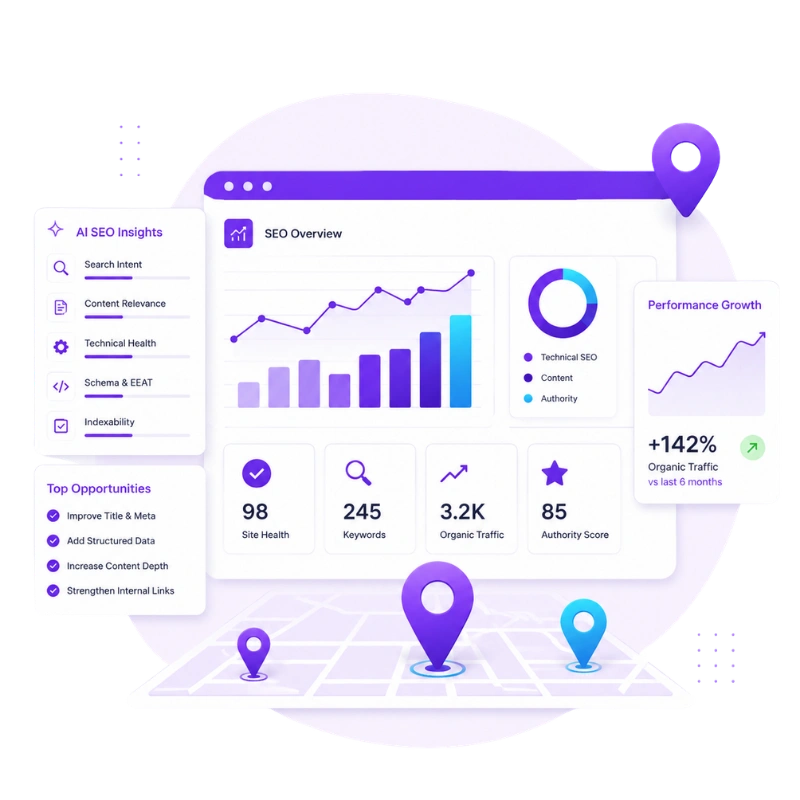 AI SEO and future-ready CMS optimization infographic showing structured SEO strategy, entity SEO, and technical CMS optimization for modern search visibility