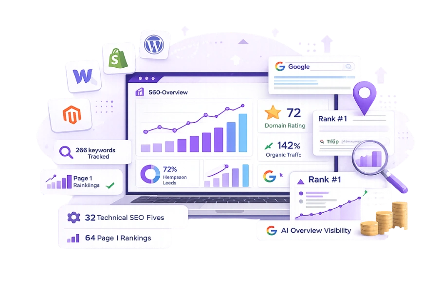CMS SEO services infographic showing WordPress, Shopify, Webflow, and Magento SEO growth dashboard with technical SEO analytics and AI search optimization visuals