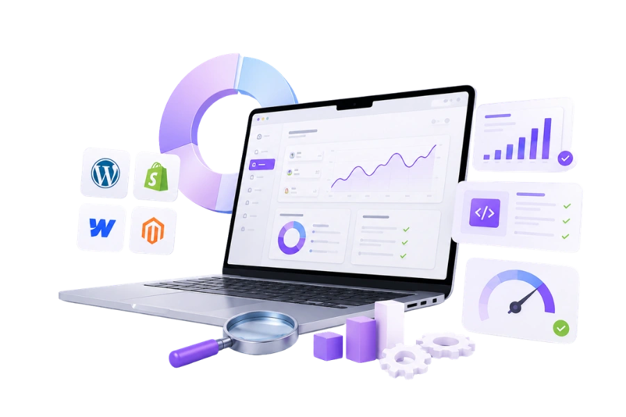 CMS SEO services dashboard showing WordPress, Shopify, Webflow, and Magento platform optimization for technical SEO and search growth