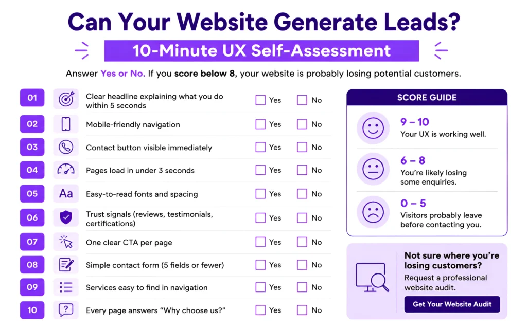 Website UX self-assessment checklist showing 10 essential web design elements that improve user experience, increase conversions, and generate more business leads.