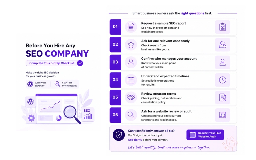 SEO company hiring checklist infographic with six important steps business owners should complete before choosing an SEO agency.