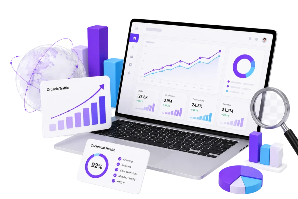 Enterprise SEO services dashboard showing technical SEO, AI search optimization, organic traffic growth, and revenue reporting for large businesses