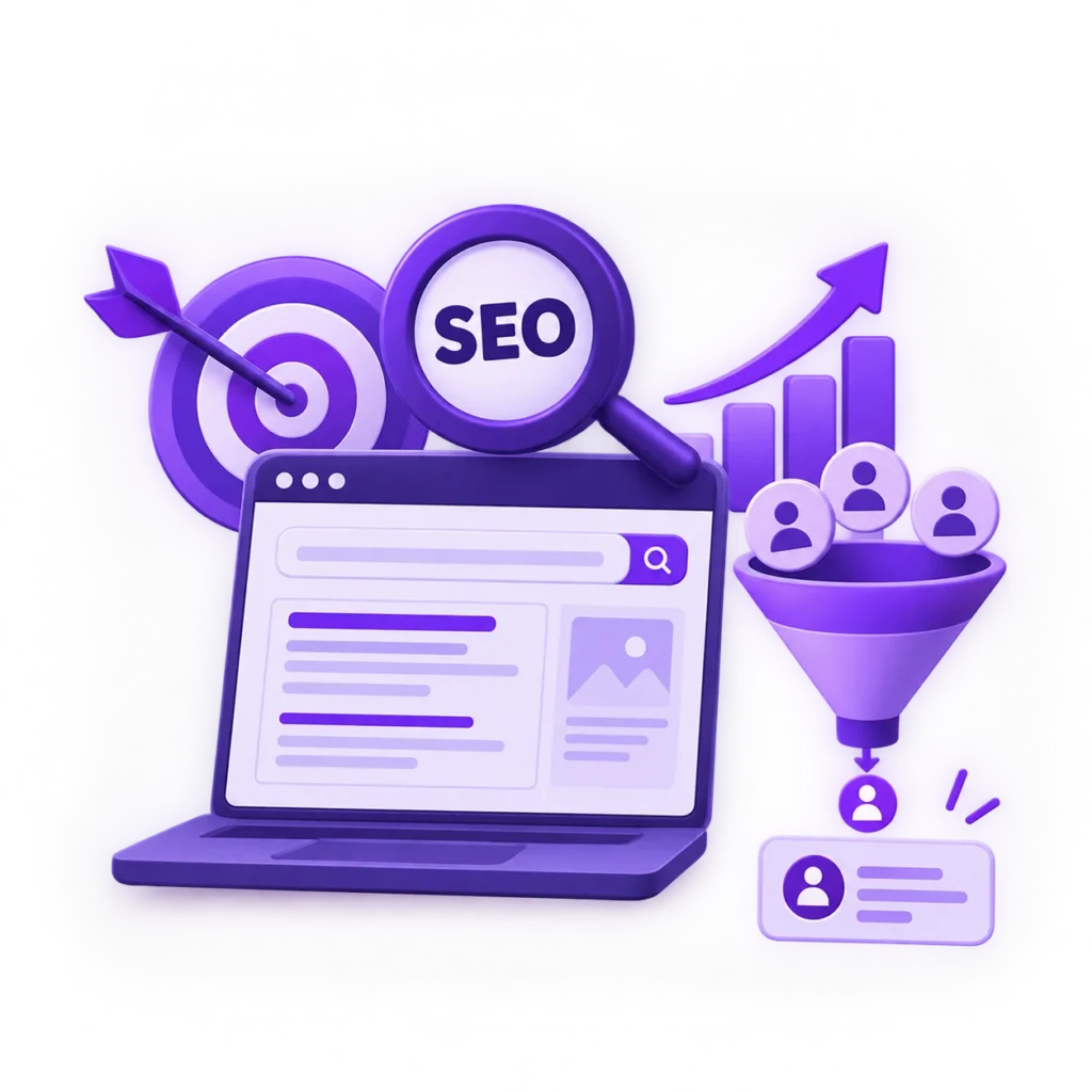 SEO campaign illustration showing search visibility, website traffic, and lead generation