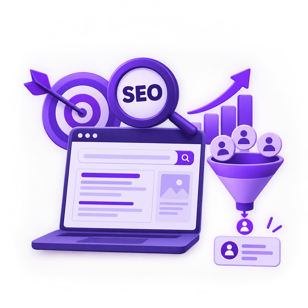 SEO campaign illustration showing search visibility, website traffic, and lead generation
