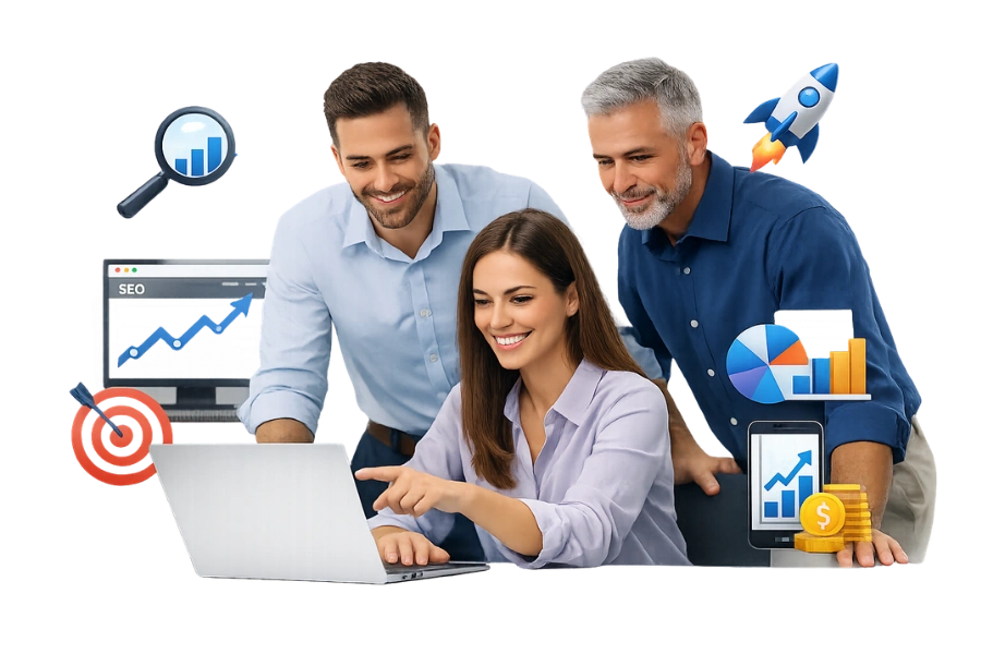 SEO services team analyzing website performance and growth opportunities to improve organic traffic, search visibility, and business growth.