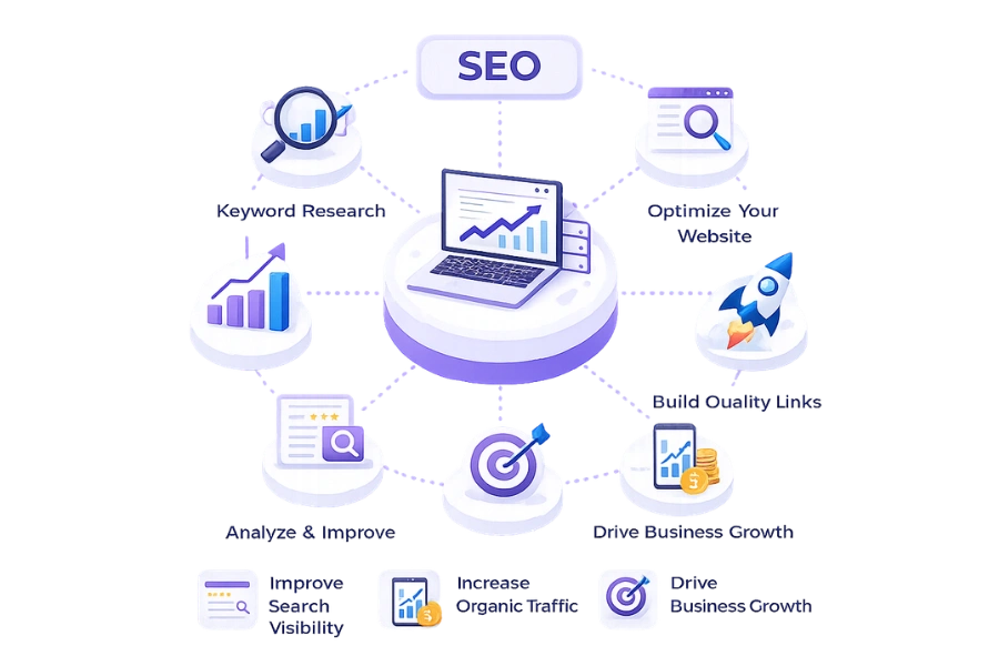 SEO services infographic showing how search engine optimization improves search visibility, organic traffic, website authority, and lead generation.