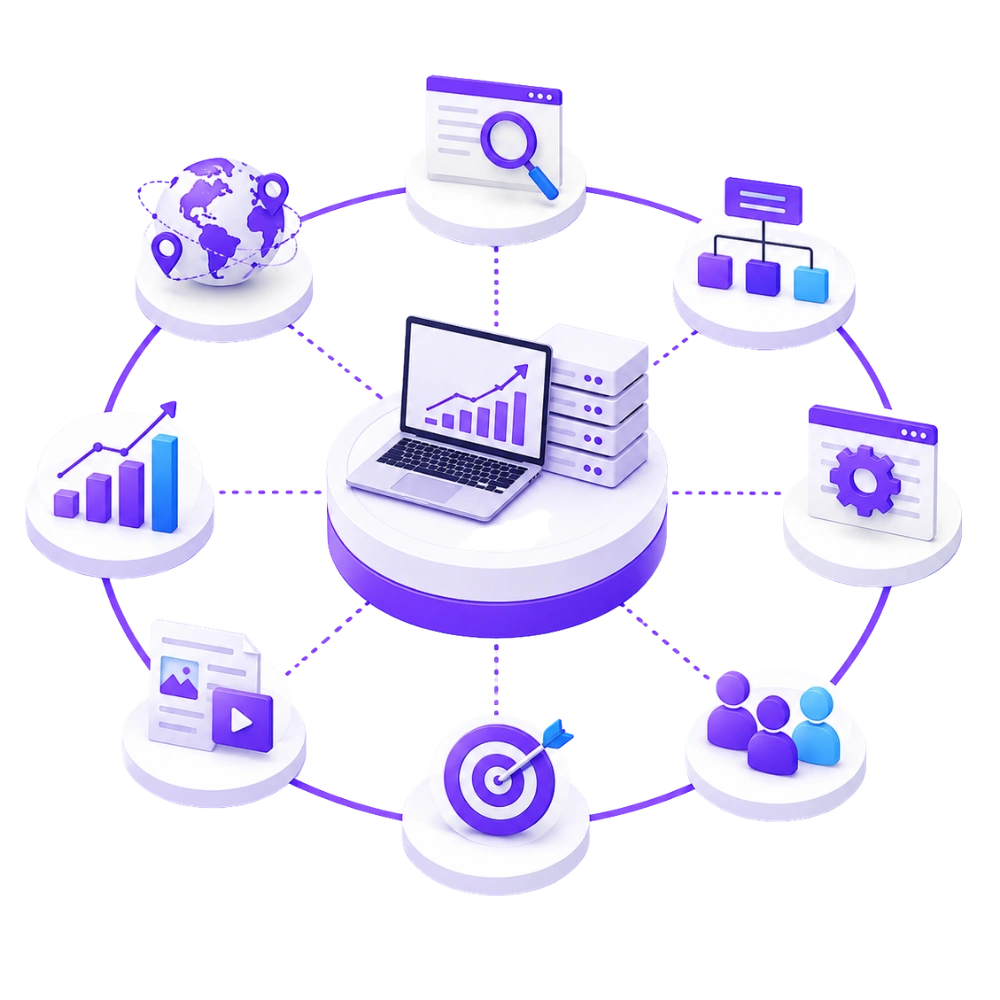 Enterprise SEO infographic illustrating scalable website optimization, technical SEO, content growth, global search visibility, and enterprise website architecture