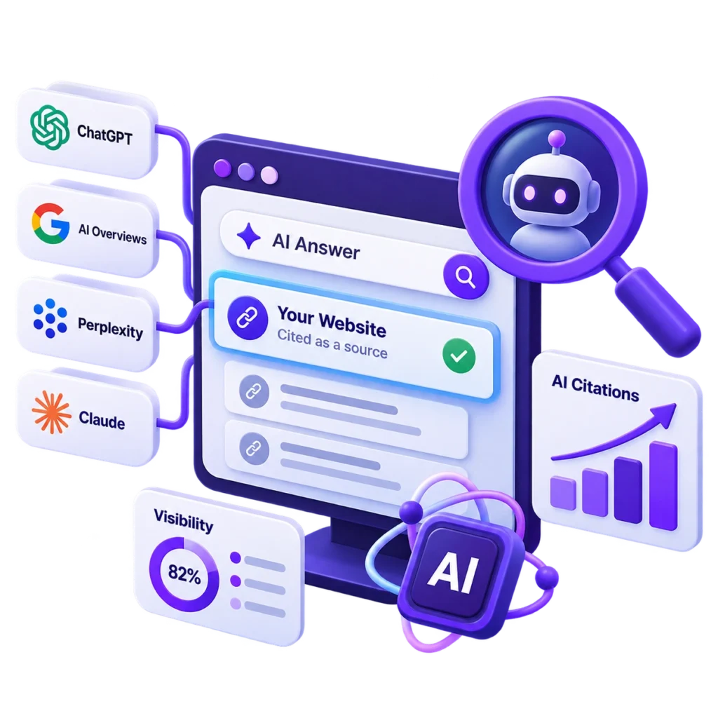 AI visibility illustration showing website citations across ChatGPT, AI Overviews, Perplexity, and other AI search platforms.