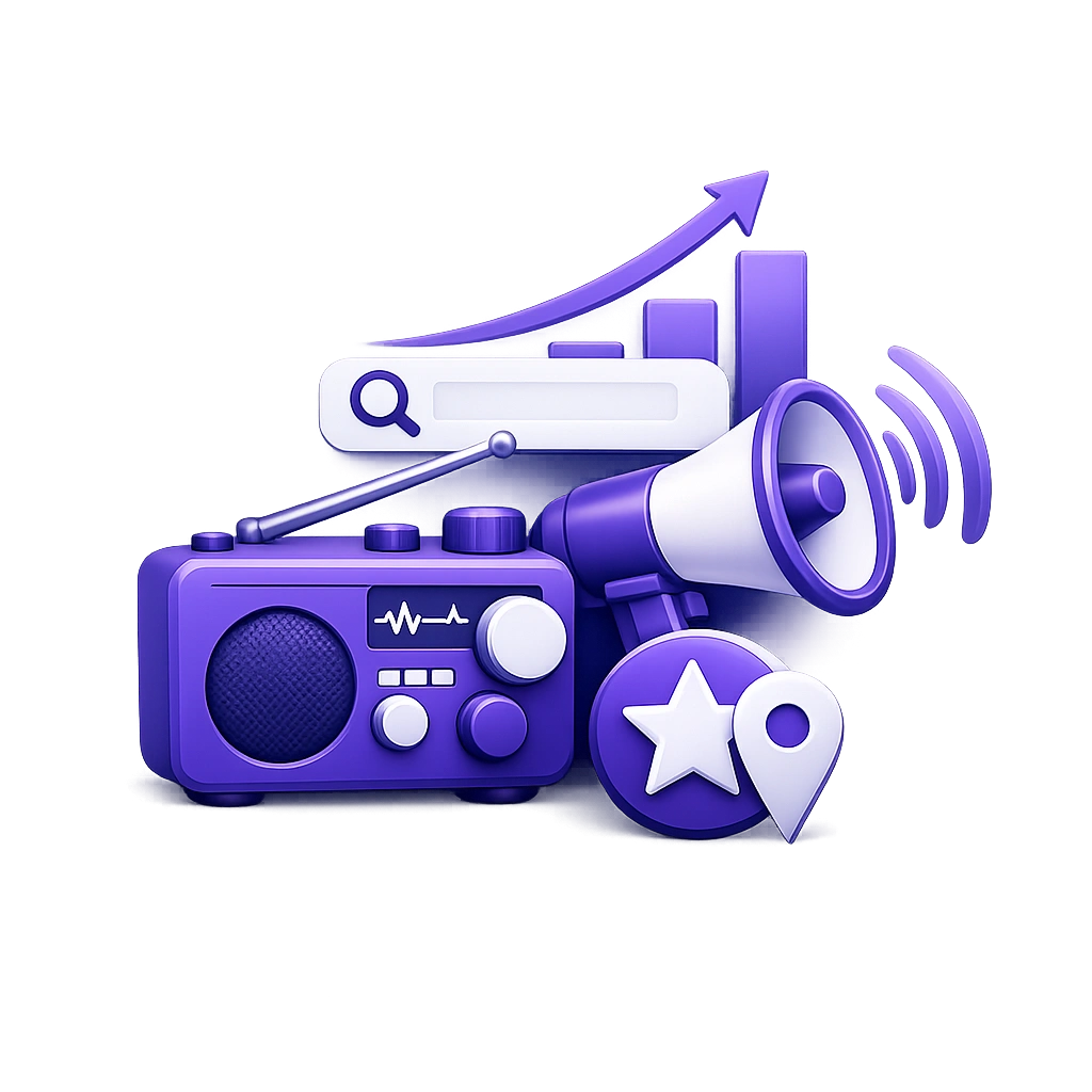 3D illustration of a radio, megaphone, and search icon representing how radio ads for local businesses improve brand recall and local marketing visibility.