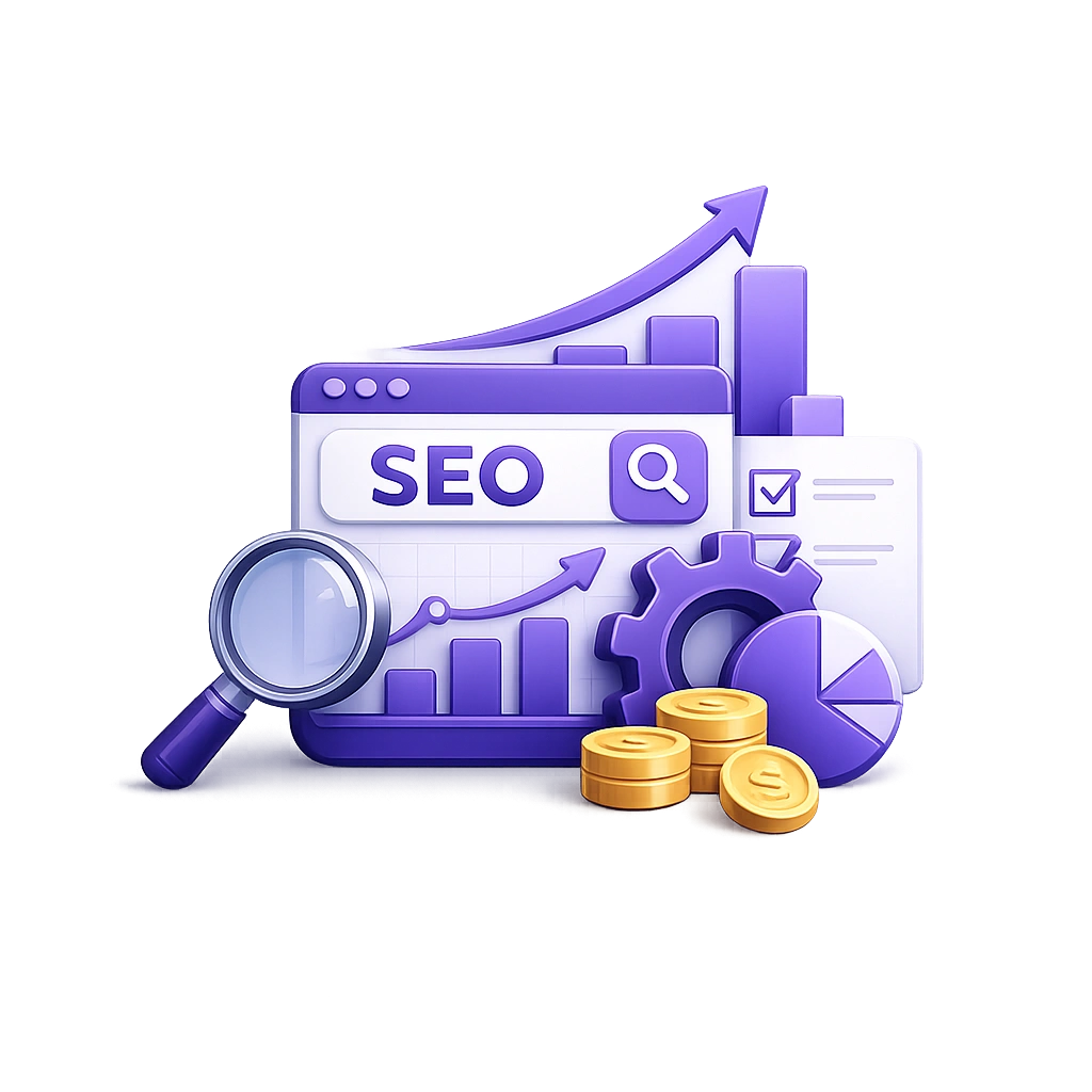 Premium 3D illustration representing SEO for small businesses with search optimization, analytics, and website growth icons in a modern digital marketing design.